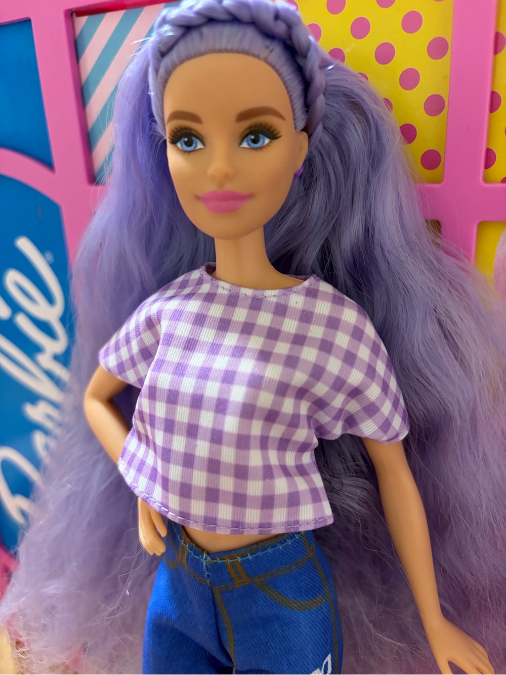 Barbie Purple Hair Doll with Purple Gingham Top and Blue Jeans
